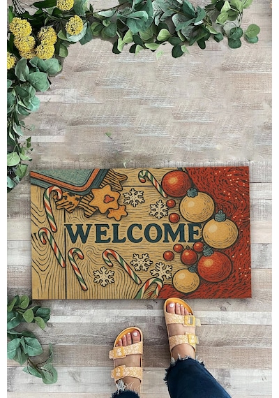 Valerine Life Yılbaşı Baston Şekerli Noel Temalı Welcome Hoş Geldiniz Kapı Önü Paspası 45x70cm Kahverengi