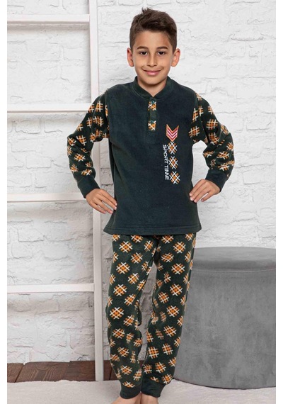 Tarık Erkek Çocuk Kışlık Polar Pijama Takımı Koyu Yeşil