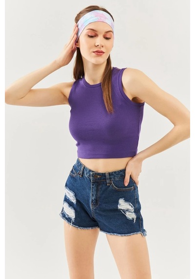 Butikgiz Kadın Sıfır Kol Bisiklet Yaka Vücuda Oturan %100 Pamuklu Kaşkorse Esnek Crop Bluz Mor