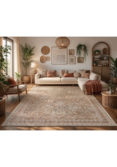 Sofıa Sof 01 Cream Gold Geleneksel El Dokuması Uşak Halı Desenlerine Sahip Vintage Eskitme Tarzı Salon Halısı Oturma Odası Halısı