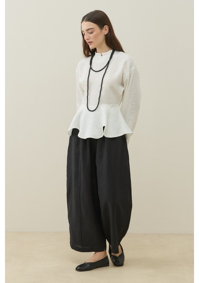 Molene Ekru Hakim Yaka Peplum Keten Bluz