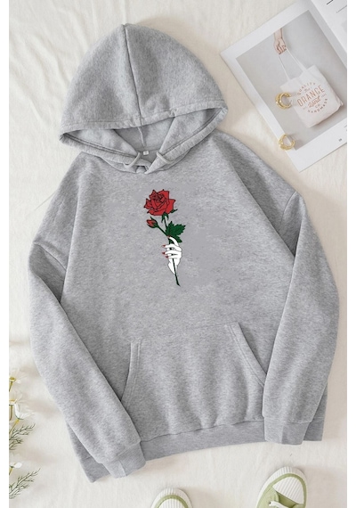 Uyguntarz Unisex Rose Baskılı Sweatshirt Gri