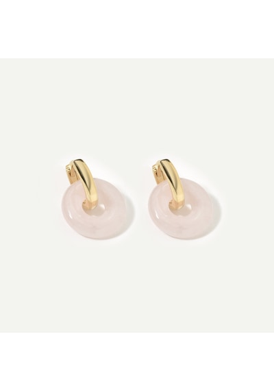 14 Ayar Altın Kaplama Gerçek Ve Doğal Donut Rose Quartz Taşlı Halka Küpe - Es00153 Altın