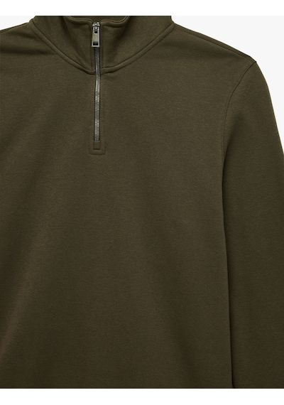 Koton Uzun Kollu Şardonlu Basic Yarım Fermuarlı Sweatshirt Haki 6wam70016mk