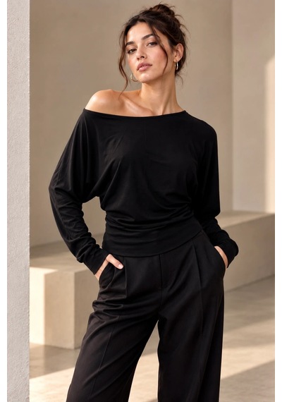 Bb Butik Basic Kadın Modal Düşük Omuz Dökümlü Uzun Kollu Bluz My3535 siyah