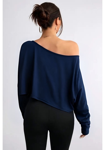 Kadın Düşük Omuz Kayık Yaka Oversize Uzun Kollu Crop T-shirt Lacivert