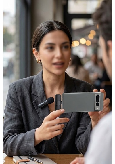 Thentech Kablosuz Yaka Mikrofonu Type C Uyumlu Telefon Canlı Yayın Vlog Video Kayıt Çekim Mikrofonu Seti