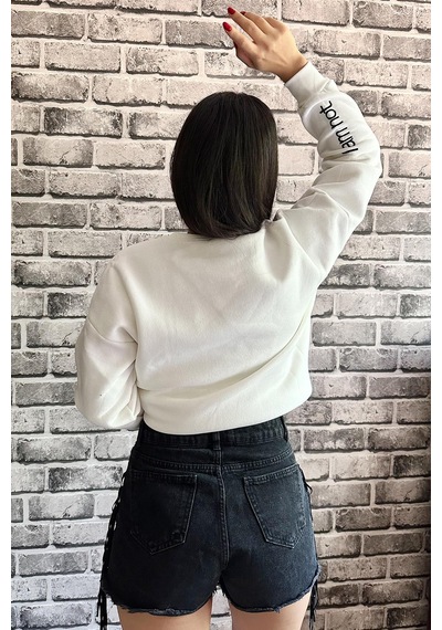 Beyaz Renk Sorry Baskılı 3 İplik Unisex Sweatshirt Beyaz