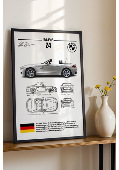 Bmw Z4 Tablo - Teknik Özellikli Alman Roadster Poster - Çerçeveli Duvar Dekoru - Araba Blueprint Siyah