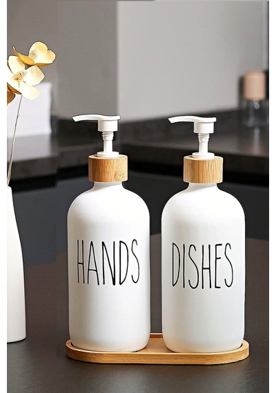 2 Li Soft Beyaz Dekoratif Mutfak Banyo Sıvı Cam Sabunluk Seti 500ml Bambu Stantlı Set Siyah - Beyaz