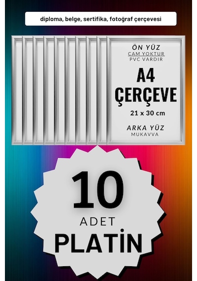 Gri-10 Adet A4 Çerçeve Diploma Belge Sertifika Fotoğraf Resim Çerçevesi Pvc 10lu Platin