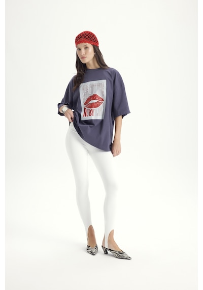 Mai Studios Co. Lip Print Oversize Füme T-shirt Füme