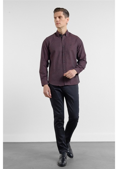 İmza Bordo - Siyah Düğmeli Yaka Uzun Kol Cepsiz Slim Fit Pamuklu Gömlek 1004255233