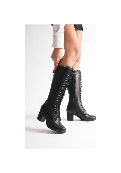 Analin Shoes Kadın Hakiki Deri Bağcıklı Topuklu Çizme Siyah