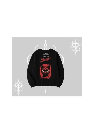 Tarzsokak Gotik Kedi Arka Baskılı Biskilet Sweatshirt Siyah