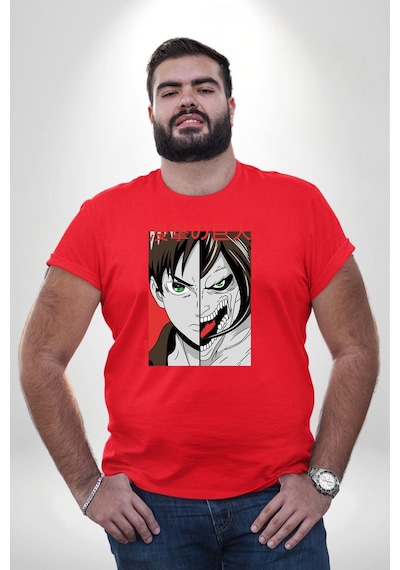 Angemiel Anime Titan Saldırısı Kırmızı Büyük Beden Erkek Kadın Unisex Basic Ön Baskılı Tişört Kırmızı