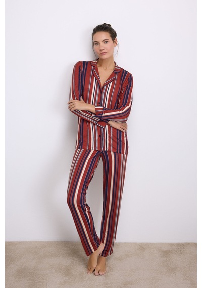 Man11578-1011 Anil Ev Giyim Anıl Kadın Uzun Kollu Düğmeli Çizgili Pijama Takımı 11578 Bordo