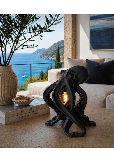 3dlab Luxury Ahtapot Masa Lambası Dekoratif Tasarım Abajur Rustik Ampullü Premium Ev Dekoru Siyah