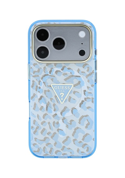 Apple iPhone Uyumlu 18 Pro Max Kılıf Guess  Lisanslı M-safeli Üçgen Logolu Simli Leopar Desenli Kapak Mavi
