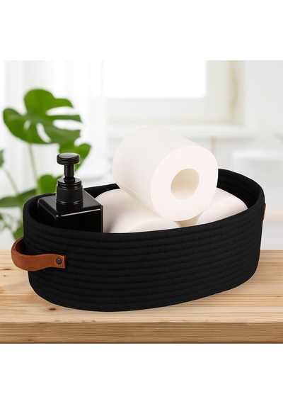 Mavaux Doğal Hasır Görünümlü 15x33x10 Çok Amaçlı Sepet Deri Saplı, Dekoratif Ve Fonksiyonel Organizer Siyah
