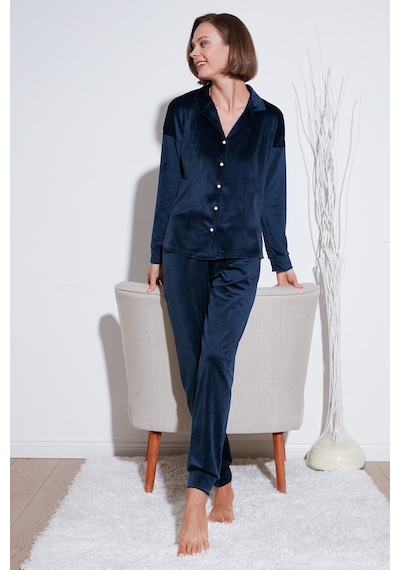 Lela  Regular Fit Parlak Kadife Ribanalı Bayan Pijama Takımı 6097110 Lacivert