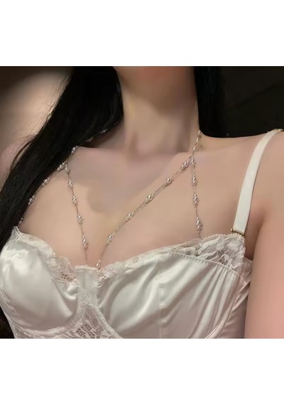 Gilda Kadın Inci Taşlı Vücut Zinciri - Göğüs Vücut Aksesuarı Gri