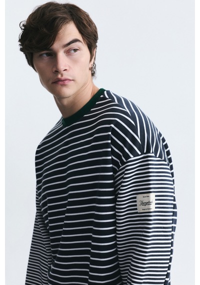Vamos Kontrast Yaka Çizgili Sweatshirt Ekru-füme