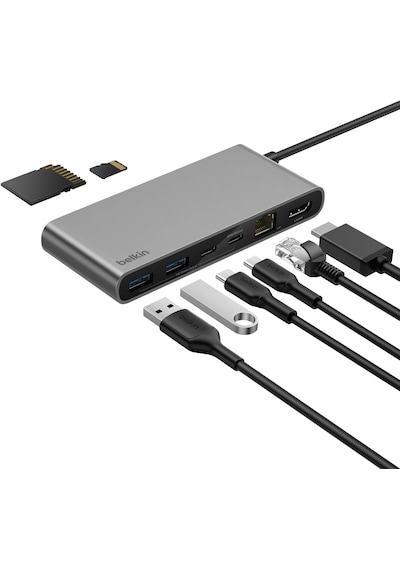 Belkin Connect 8 Portlu Usb-c Hub, 4k 60hz'100 W Pd, 10 Gbps Veri Aktarım Hızı Ve 2,5 Gbps Ethernet - Gri