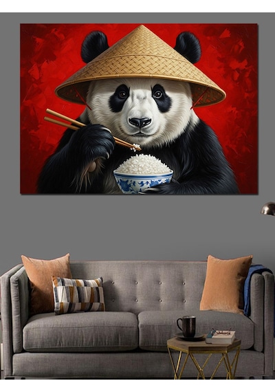 Pilav Yiyen Şapkalı Panda Portresi Dekoratif Kanvas - Mdf Ahşap Tablo