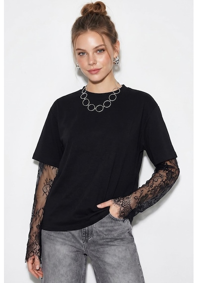 Shade Kadın Bisiklet Yaka Dantel Kollu Oversize Pamuklu T-shirt 1049 60286075 - Siyah