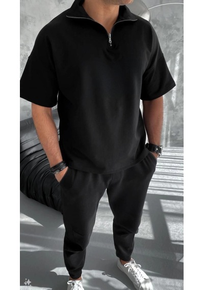Yarım Fermuarlı Basic T-shirt - Siyah - -Çok Renkli