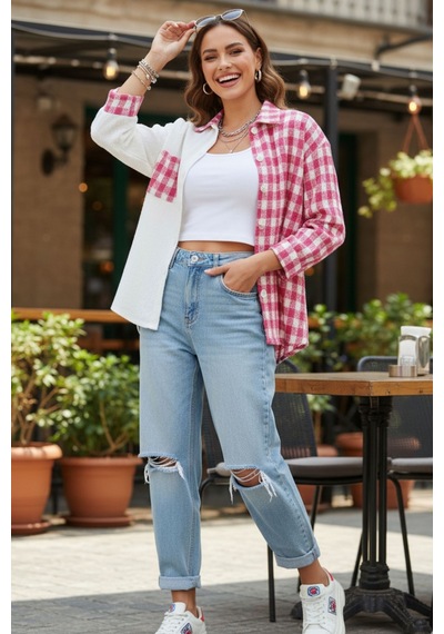 Kadın Pembe Oversize Fit Ekoseli Desenli Uzun Kollu %100 Pamuk Gömlek, Ceket, Kadın Oduncu Gömlek Pembe