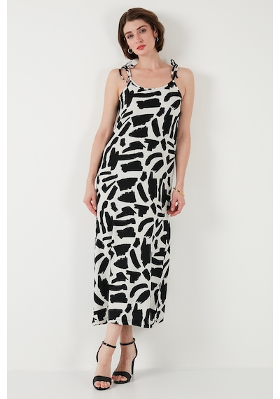 Lela Desenli Midi Boy Oversize Fit Bağlamalı Ip Askılı Bisiklet Yaka Bayan Elbise 5869009 Siyah