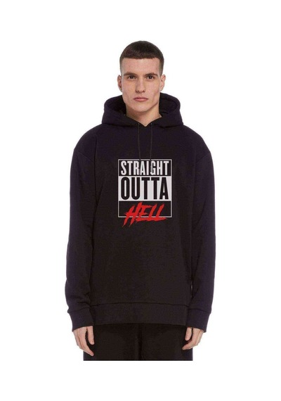 Lucifer Straight Outta Hell Baskılı Siyah Erkek Kapşonlu Sweat