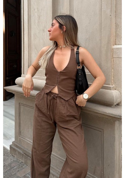Madmext Kahverengi Beli Büzgülü Wide Leg Kumaş Pantolon Mg1950-kahverengi Kahverengi