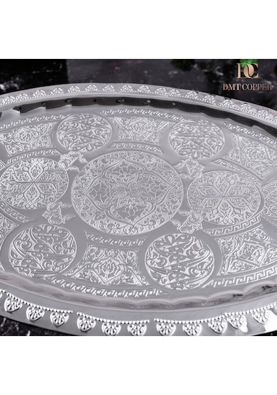 Dmt Gaziantep Bakır 42,5 Cm Osmanlı El İşi Sunum Tepsi Kına Tepsisi 42.5cmx28cm Gümüş
