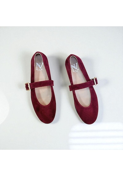 Ne&ve Shoes Bordo Süet Hakiki Deri Yuvarlak Burunlu Tokalı Kadın Babet