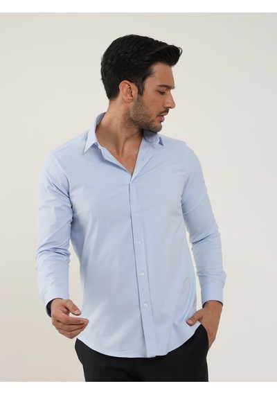 Dufy Mavi Erkek Slim Fit Düz Klasik Yaka Uzun Kol Gömlek - 88174 Mavi