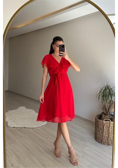Neşeli Butik Kadın V Yaka Kuşaklı Mini Şifon Elbise Nm007 Kırmızı