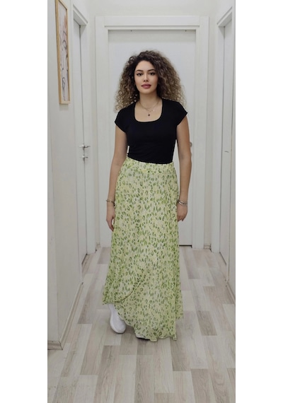 Lodmela Bel Lastikli Kloş Şifon Etek 6003-Beyaz - Yeşil
