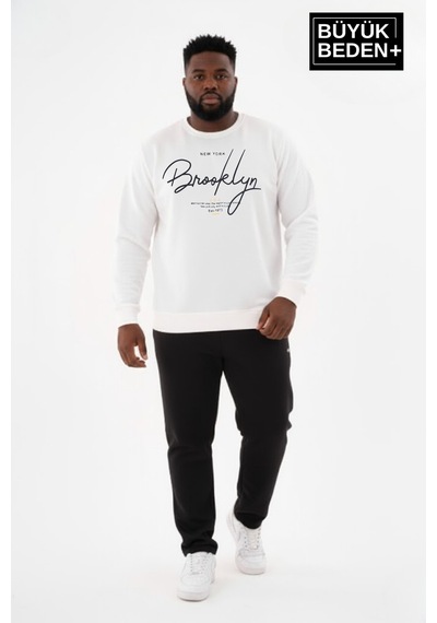Süperlife Erkek Büyük Beden El Yazılı Brooklyn Baskılı Bisiklet Yaka İnce Sweatshirt Spr26bsw956-6 Ekru