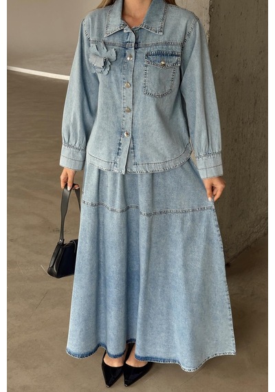 Olcay Çiçek Aplikeli Etek Ceket Denim Takım Mavi 9346-tk