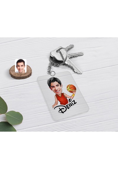 Kişiye Özel Erkek Basketbolcu Karikatürlü Şeffaf Pleksi Anahtarlı N11.16605