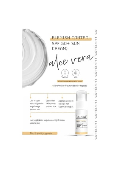 Skin401 Aloe Vera İçerikli Leke Karşıtı Nemlendirici Güneş Kremi SPF50+ 50 ML
