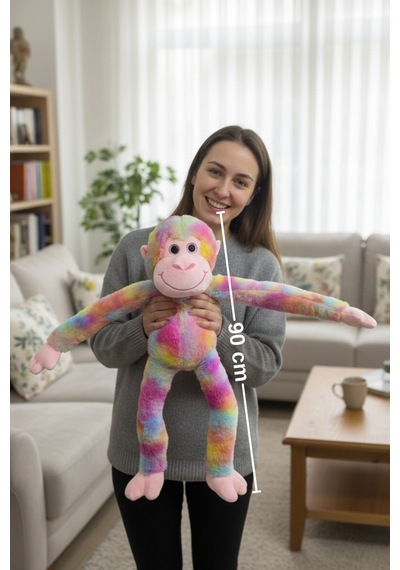Sevimli Rengarenk Sesli Peluş Maymun Cırtlı Asılabilen Dev Boy Maymun Peluş 90 Cm Çok Renkli