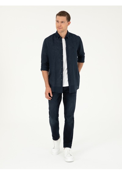 Cacharel Lacivert Regular Fit %100 Keten Gömlek