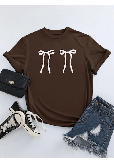 Uyguntarz Unisex Çift Kurdele Tasarım Basklı Tshirt Kahverengi