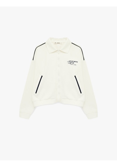 Koton Şardonlu Nakışlı Biyeli Cepli Oversize Fermuarlı Sweatshirt Ekru 6sal10151ık Ekru