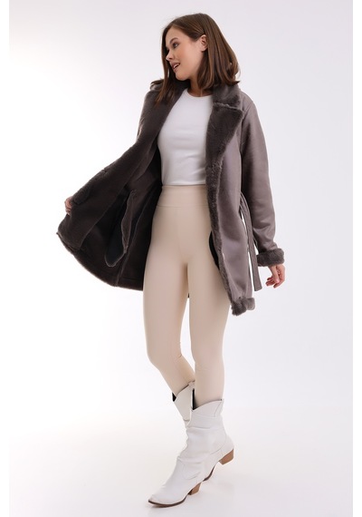 Winmoda34 Kadın İçi Kürklü Deri Kaban Ceket Külgri