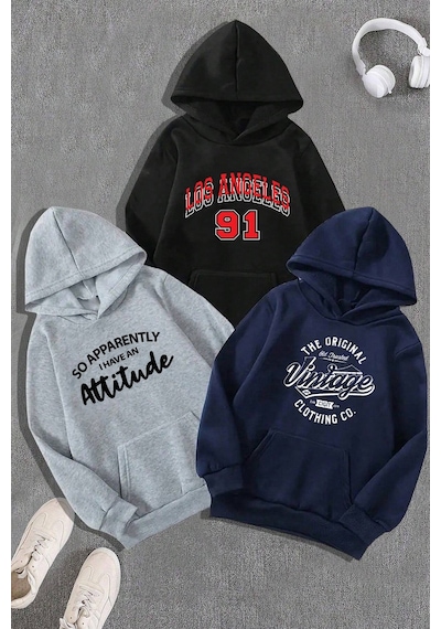 Uyguntarz 3'lu Paket Baskılı Oversize Unisex Sweatshirt Gri
